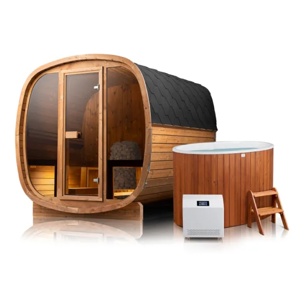 Equinox Outdoor Cube Sauna With Huum Drop WIFI Heater & 2 Person Cold Plunge Bundle