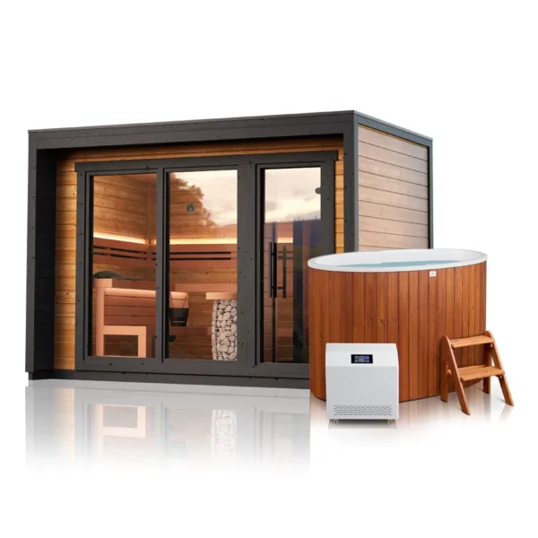 Leil® Patio M Cabin Sauna With Huum Hive Mini WIFI Heater & 2 Person Cold Plunge Bundle