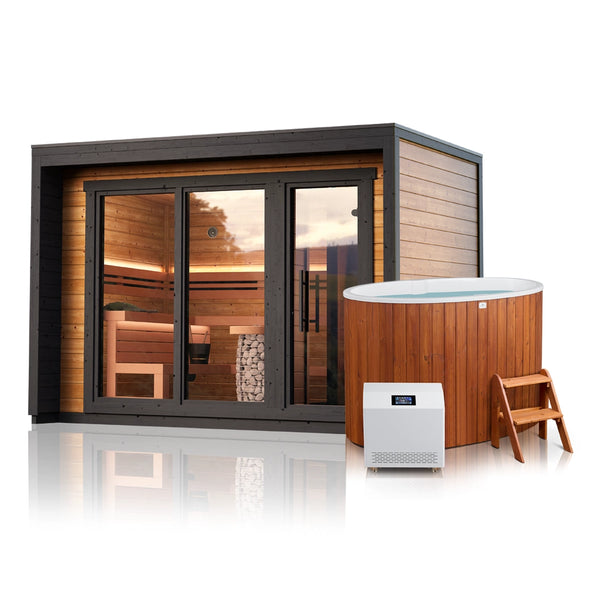 Leil® Patio M Cabin Sauna With Huum Hive Mini WIFI Heater & 2 Person Cold Plunge Bundle