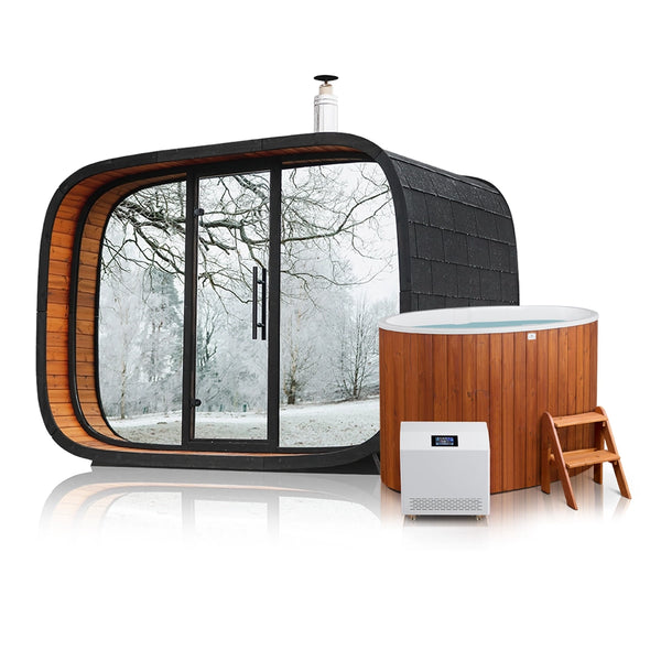 Leil® Round Cube single Outdoor Sauna With Huum Hive Mini WIFI Heater & 2 Person Cold Plunge Bundle
