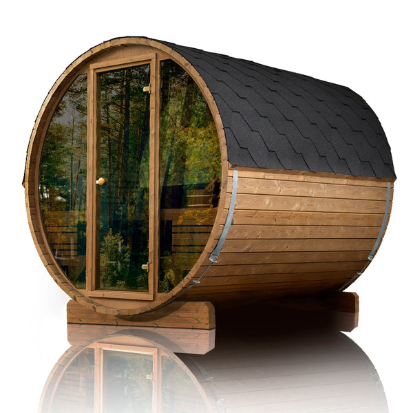 Scandinavian Odyssey XL Outdoor 4-Person Barrel Sauna – 7' x 8' with Elevated Benches